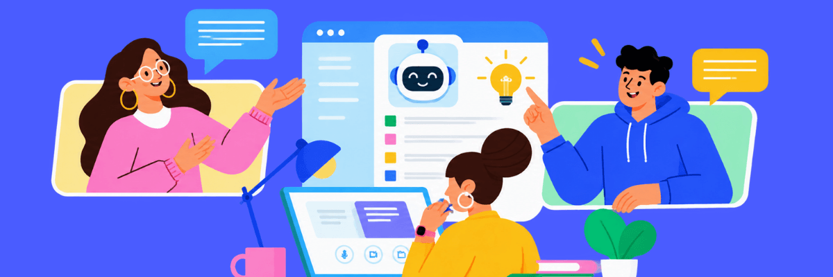 A colorful illustration shows three people communicating through video call windows around a central screen featuring a smiling robot and a lightbulb. The background is bright blue with chat bubbles and desk accessories.