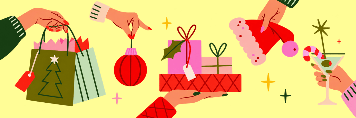 A festive illustration features hands holding Christmas shopping bags, a red ornament, wrapped gifts, a Santa hat, and a cocktail. The background is pale yellow with colorful stars and sparkles.