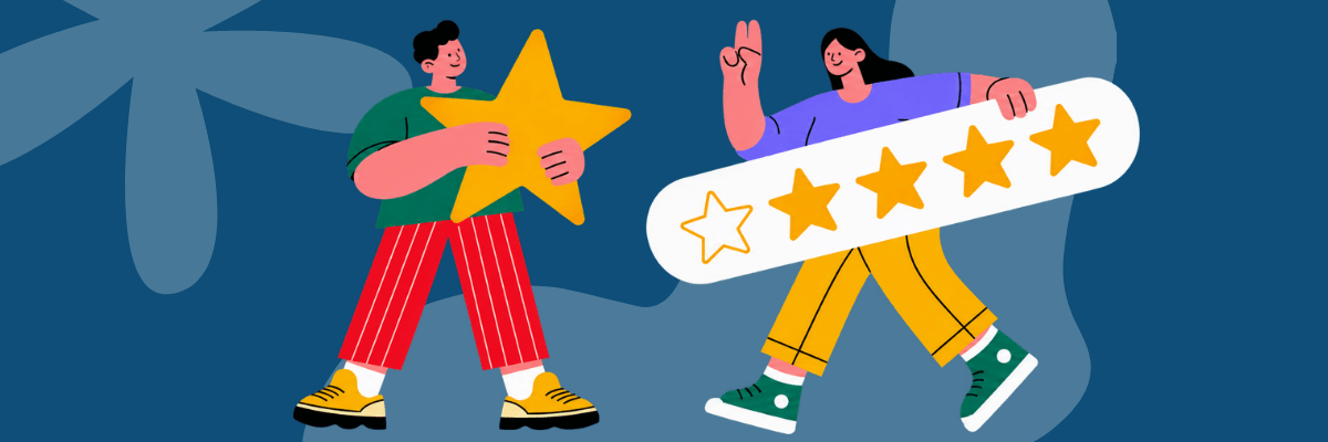 Two illustrated people stand against a dark blue background, one holding a large yellow star and the other displaying a five-star rating bar with four filled stars.
