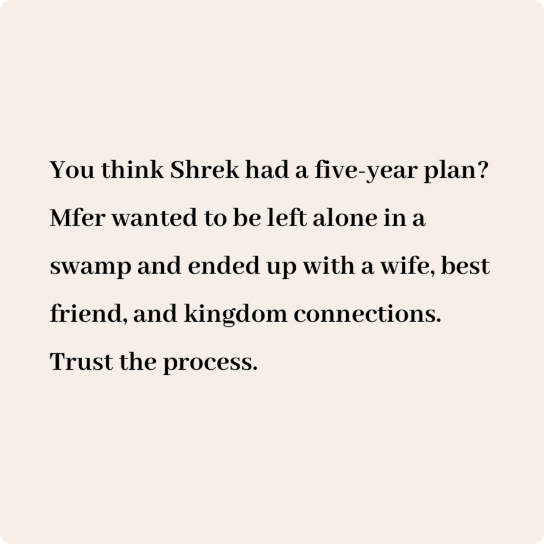 Black text on a cream background reads, “You think Shrek had a five-year plan? Mfer wanted to be left alone in a swamp and ended up with a wife, best friend, and kingdom connections. Trust the process.”