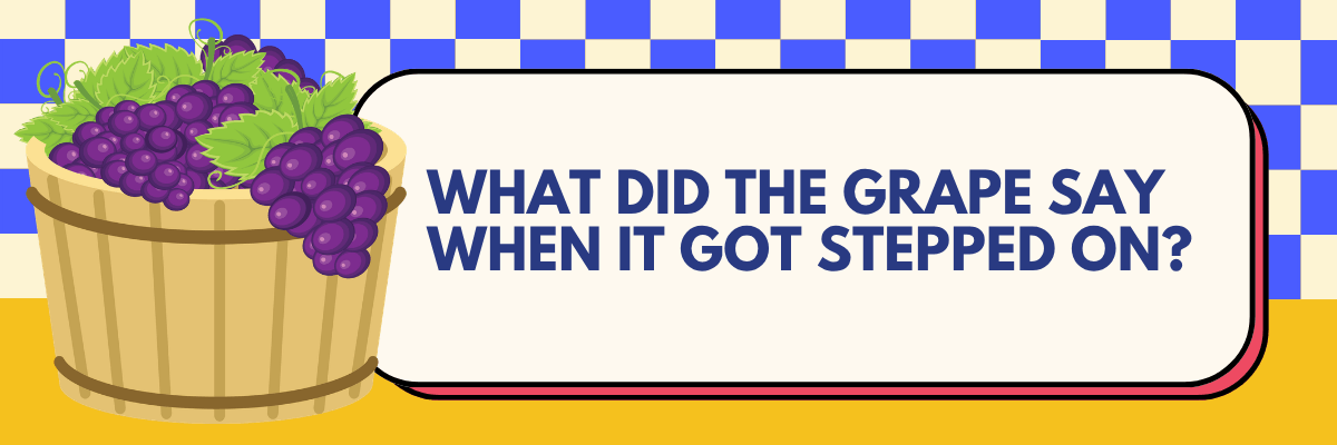 A colorful illustration features a wooden basket filled with purple grapes and green leaves on the left. Large navy text reads “WHAT DID THE GRAPE SAY WHEN IT GOT STEPPED ON?” against a cream background with blue checkerboard patterns and a yellow strip along the bottom.