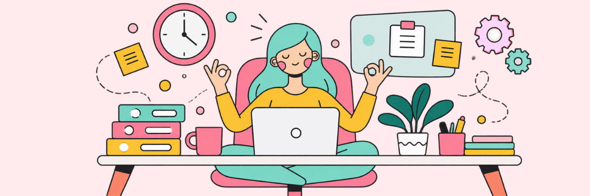 A cartoon woman with teal hair sits cross-legged at a desk with a laptop, making an OK gesture with both hands. A clock, folders, sticky notes, gears, and office supplies surround her against a light pink background.