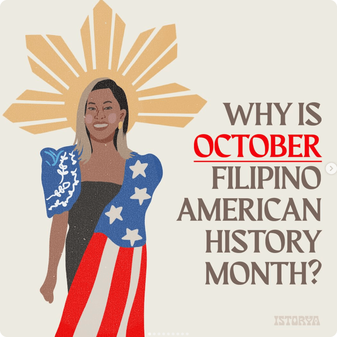 An illustrated woman wearing a blue top with white stars and red-and-white striped pants stands in front of a golden sunburst on a light beige background. Large text beside her reads, “WHY IS OCTOBER FILIPINO AMERICAN HISTORY MONTH?” with “OCTOBER” highlighted in red.
