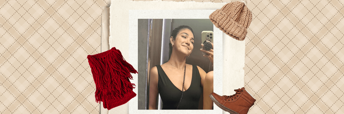 A woman takes a mirror selfie while wearing a black sleeveless top. A red scarf, brown knit hat, and brown lace-up boot are arranged around the photo on a beige plaid background.