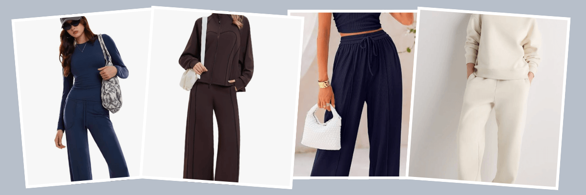 Four photos display coordinated casual outfits in navy, dark brown, and cream. The clothing includes long-sleeve tops, wide-leg pants, a hoodie, and matching separates.