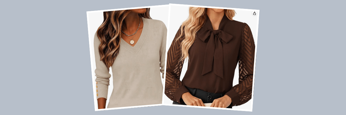 Two photos display a beige V-neck sweater and a dark brown blouse with a large bow at the neckline. Both tops are modeled against white backgrounds.