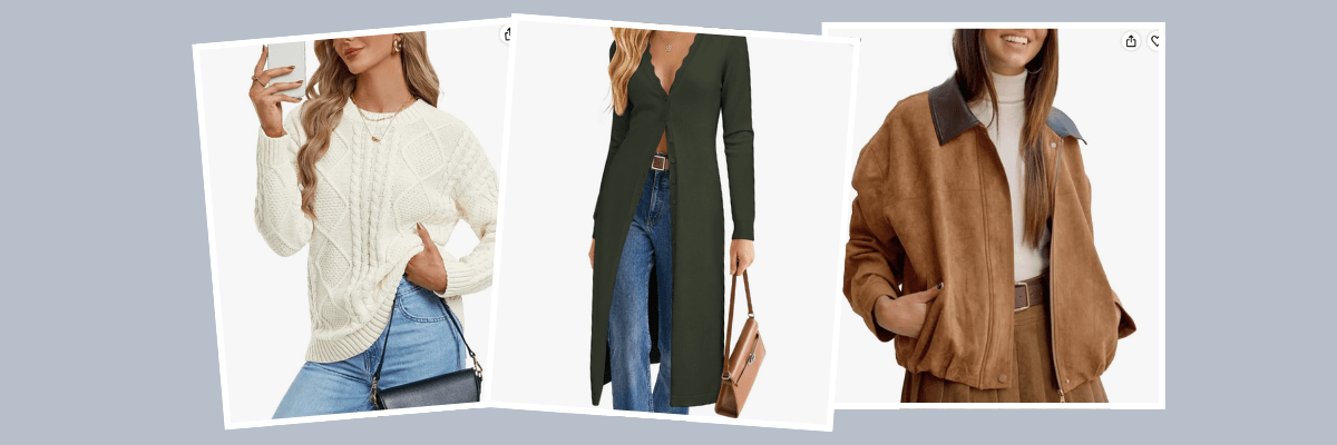 Three photos feature a white cable-knit sweater, a long dark green cardigan, and a brown jacket. Jeans and neutral accessories are paired with the clothing.