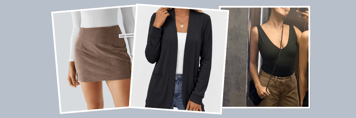 Three photos display a brown mini skirt, a long black cardigan over a white top, and a black sleeveless top with brown pants. Each outfit appears inside a white-bordered frame on a gray background.