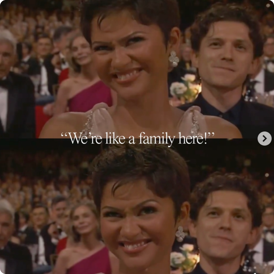 Two stacked images show a woman smiling at an awards event with a man seated behind her. White text across the middle reads, “We’re like a family here!”
