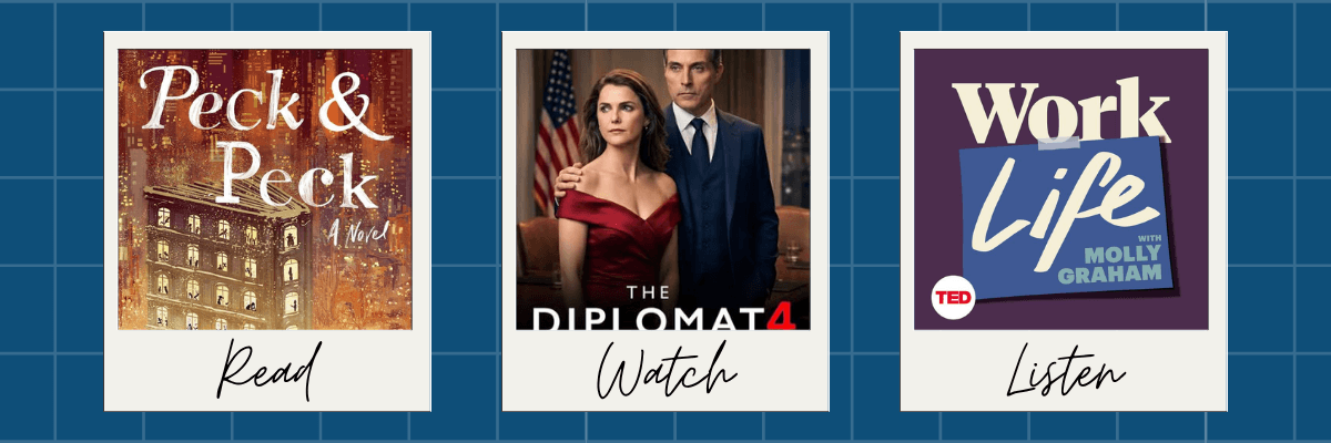 Three Polaroid-style frames appear against a dark blue grid background. The frames feature Peck & Peck, The Diplomat, and WorkLife with Molly Graham, with the handwritten labels “Read,” “Watch,” and “Listen” underneath.