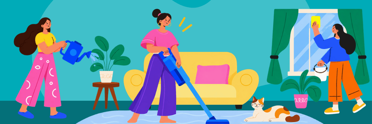 A colorful illustration shows three women watering a plant, vacuuming a rug, and cleaning a window in a living room. A white and orange cat rests on the floor beside a yellow couch.