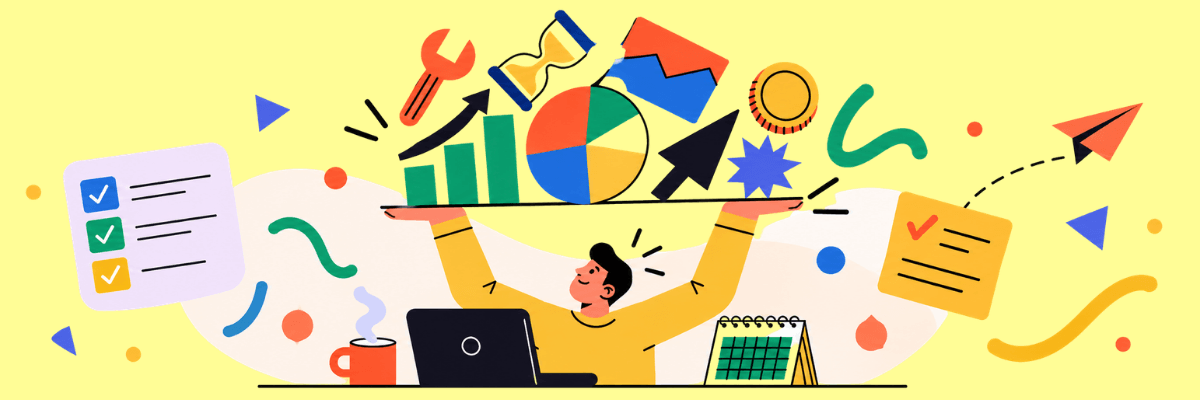 A person sits behind a laptop while balancing a long tray filled with colorful charts, arrows, shapes, an hourglass, and other icons. Checklists, a calendar, a coffee mug, and a paper airplane appear around them on a pale yellow background.