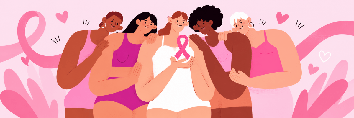Five women stand closely together against a pink background with hearts and ribbon shapes. The woman in the center holds a pink awareness ribbon in front of her chest.