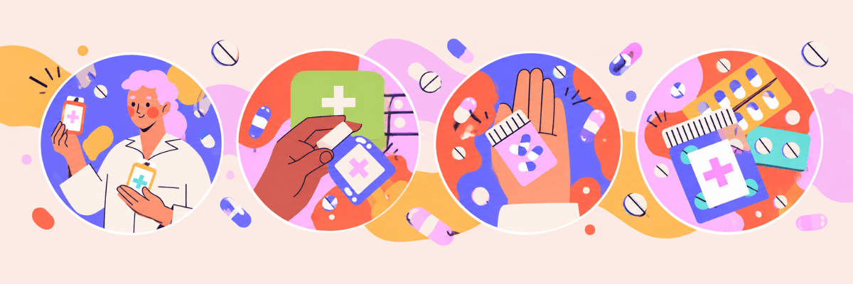 A colorful illustration features four circular panels showing a healthcare worker, medication bottles, pills, and a hand holding a prescription container. The background includes scattered capsules and tablets in shades of pink, orange, purple, and blue.
