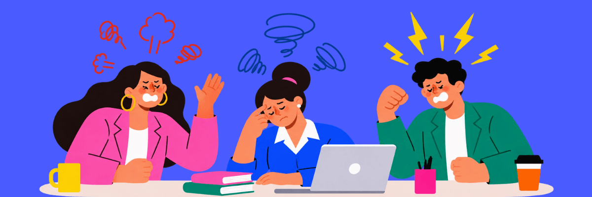 Three illustrated coworkers sit at a desk with frustrated expressions. Red, blue, and yellow scribbles and lightning bolts appear above their heads.