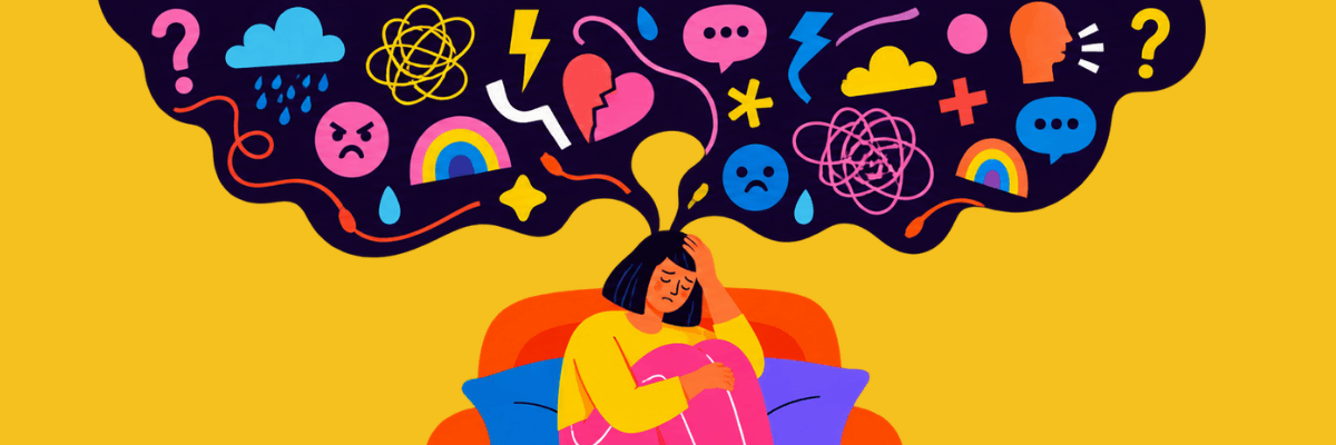 A woman sits curled up on an orange couch against a yellow background. Colorful symbols, including broken hearts, rain clouds, question marks, and sad faces, fill the dark shape above her.